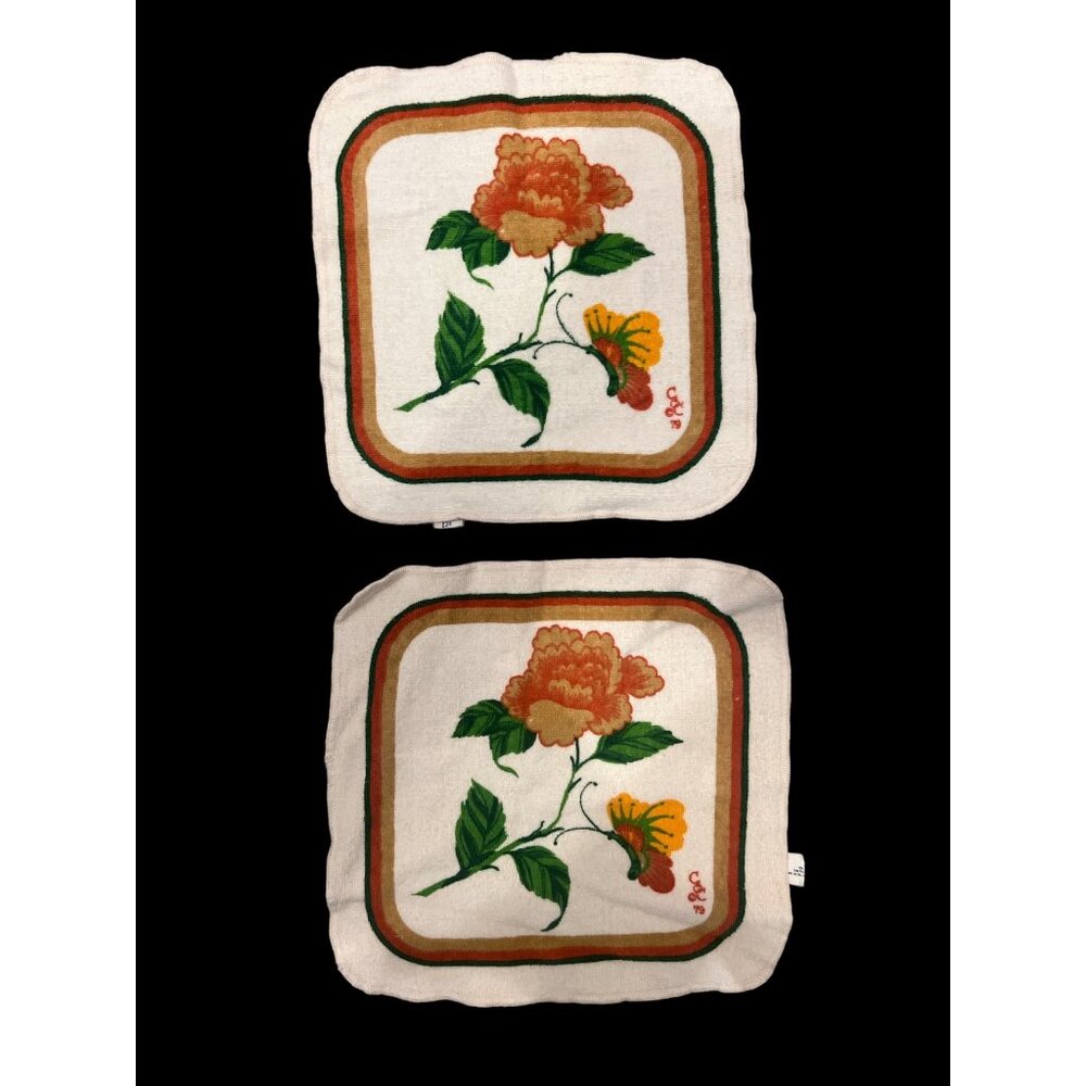 Set of 2‎ Vintage MCM Flowers 100% Cotton Wash Clothes, Vintage Bathroom Decor